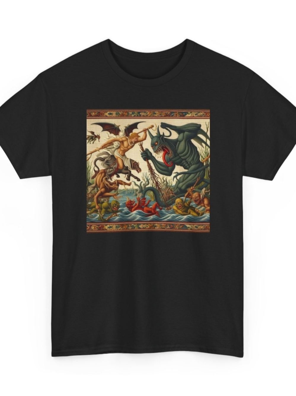 Black Graphic Tee with Mythic Art